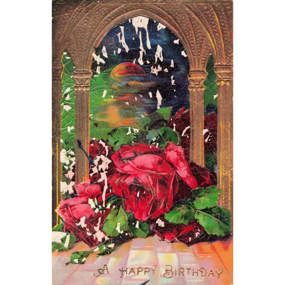 Antique 1913 Happy Birthday Postcard Red Roses Embossed Germany Series 7019